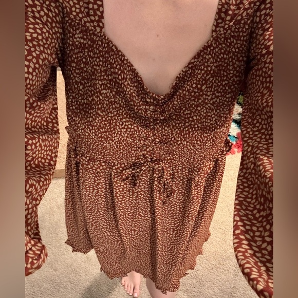 Boho ruched orange mini dress with long sleeves! - Picture 8 of 9